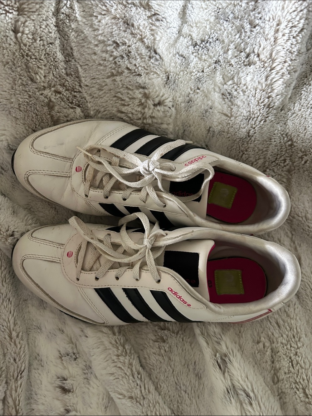 adidas White Sneakers with Black Stripes and Pink Lining